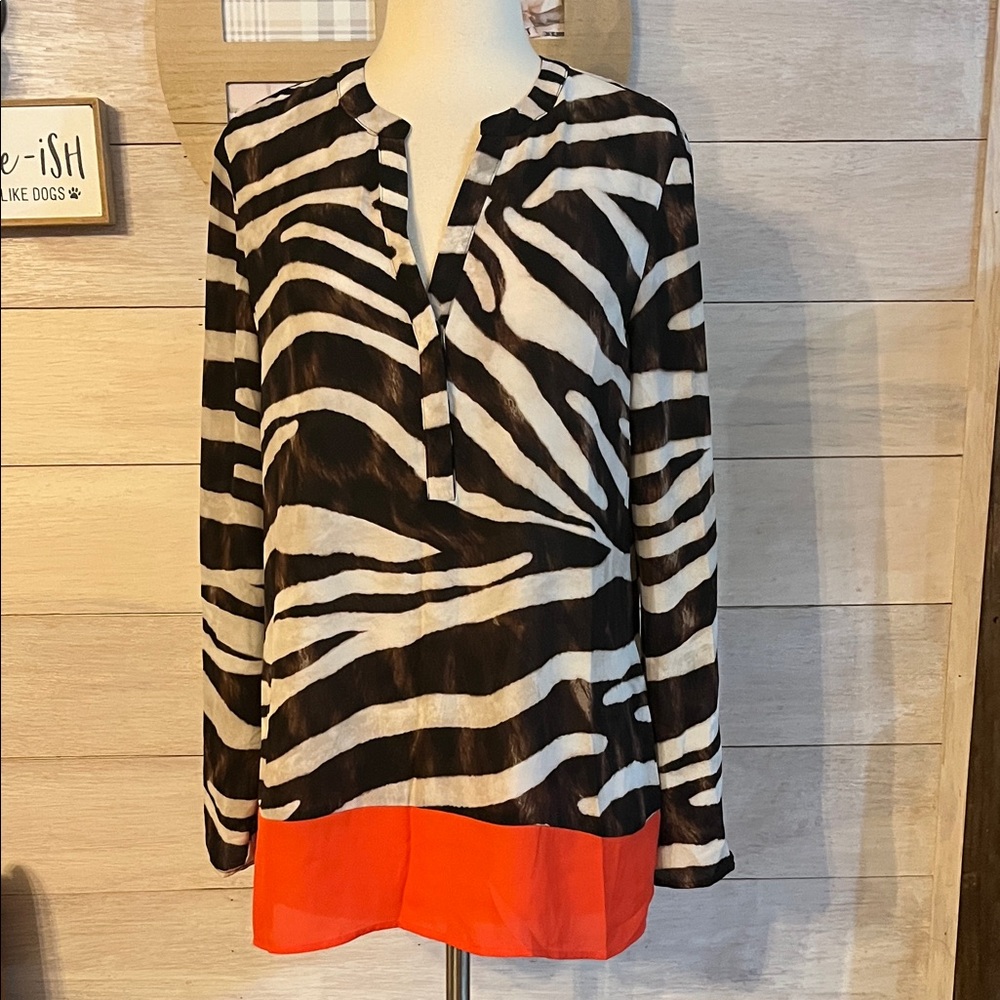 New Directions Zebra Print Blouse with Orange Hem M